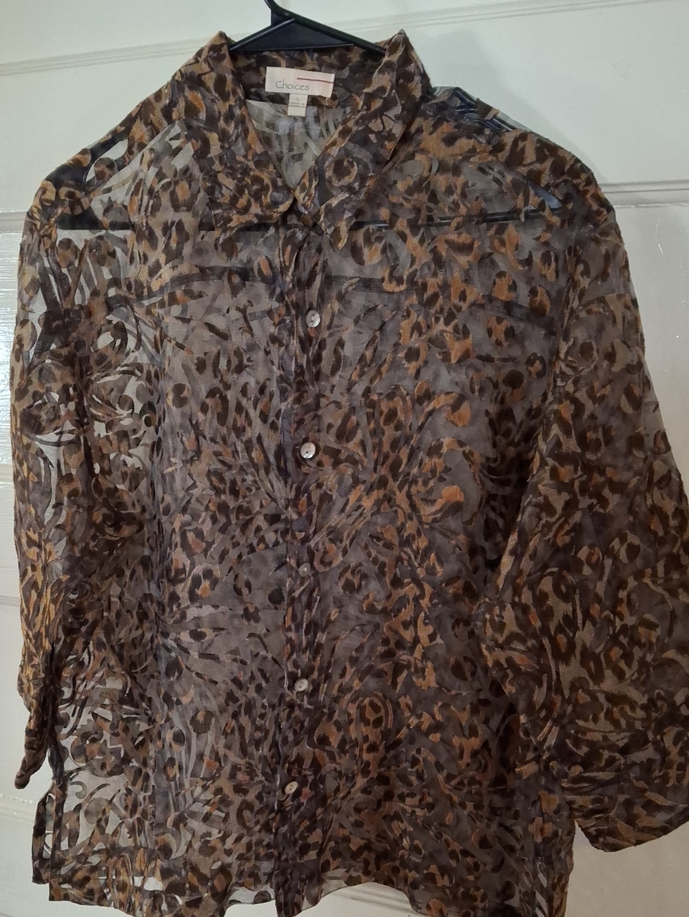Choices Leopard Print Sheer Button-Down Shirt in Brown and Black (Mis494)